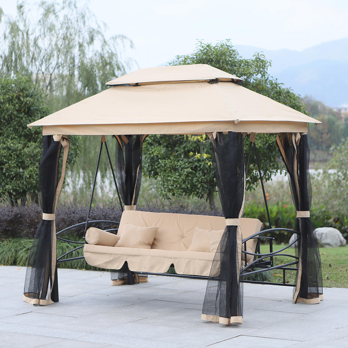 HOLLYWOODSCHAUKEL DE-06995 3-Sitzer, mit Seitenwänden & Moskitonetz, Liegefunktion Beige - Beige/Schwarz, Metall (256/248/172cm) - ComfortXL