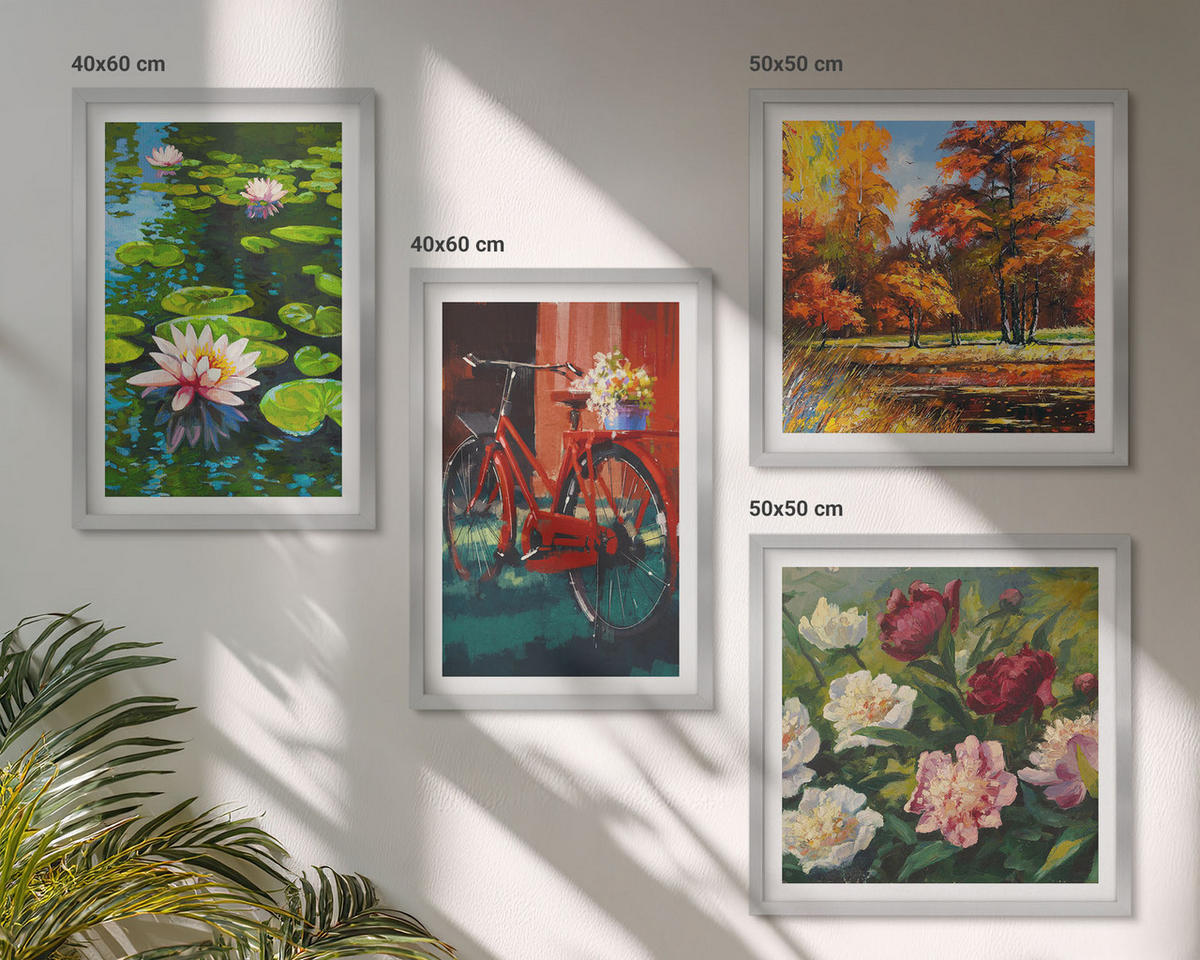 WANDBILDER 4er Set - 50x50 cm & 40x60 cm Silberner Rahmen - Herbstfarben Seerosenteich - Silberfarben, Kunststoff (50/50cm) - ArtPrintCave
