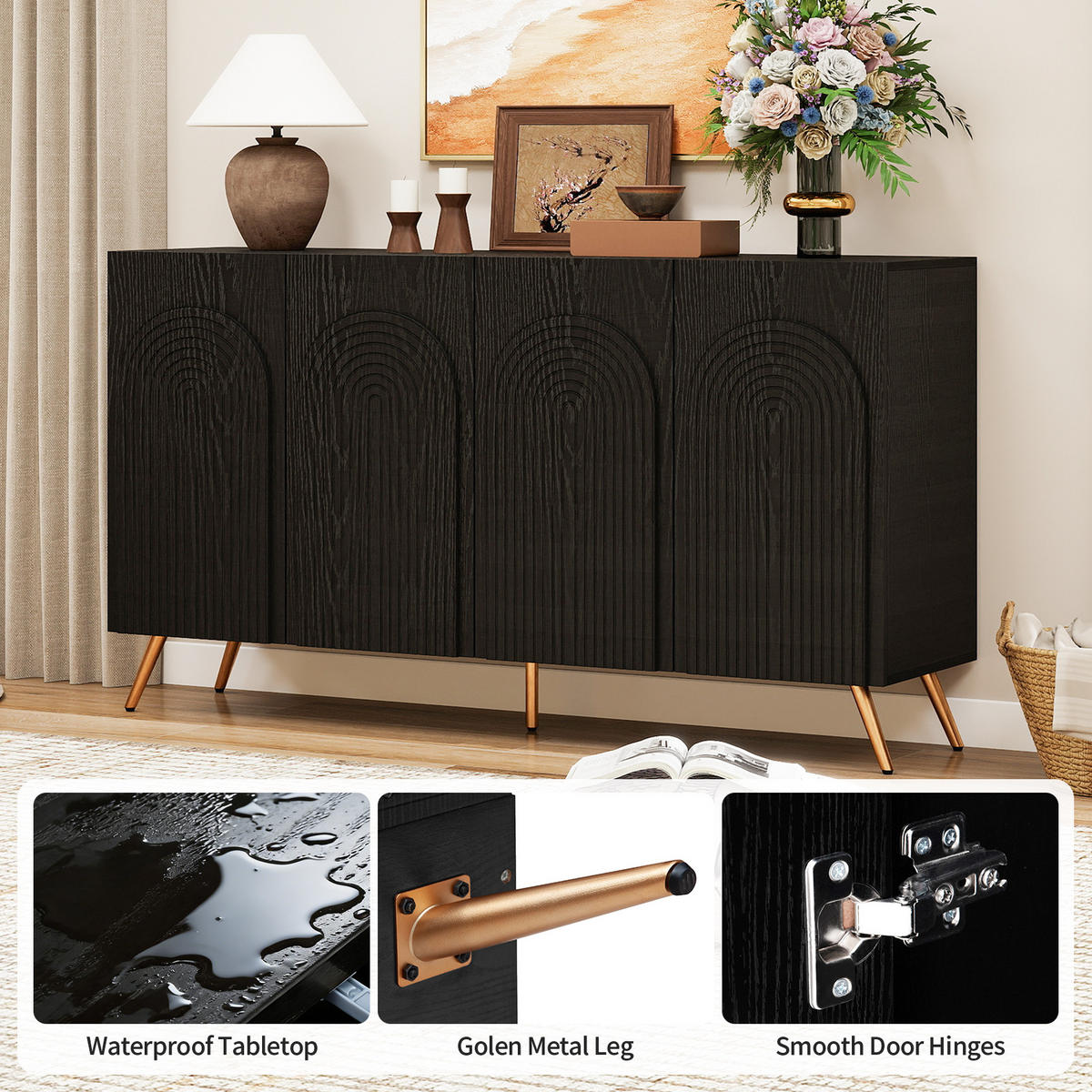 ANRICHTE Mid-Century-Design Schwarz-Goldfarben 150/38/83 cm - Schwarz, Holz (150/83/38cm) - PANGIVO