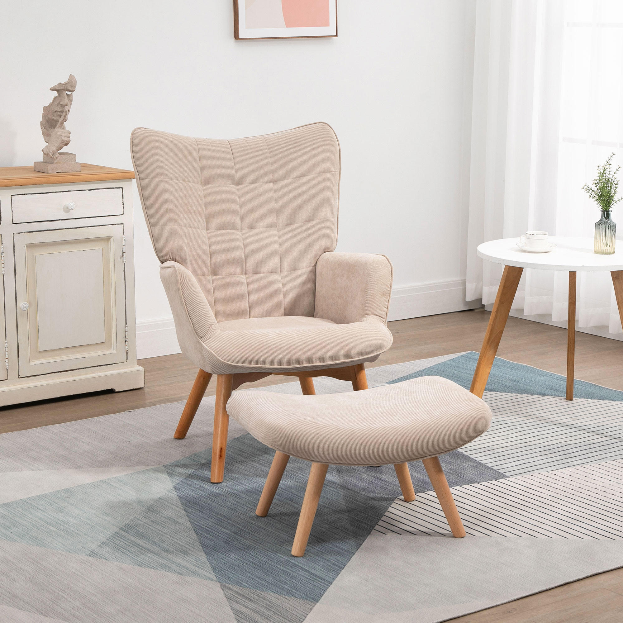 OHRENSESSEL mit Hocker, Relaxsessel, Polstersessel in Cord-Optik, mit Holzbeine - Beige/Naturfarben, Buchenholz/Textil (80/101/72cm) - HOMCOM