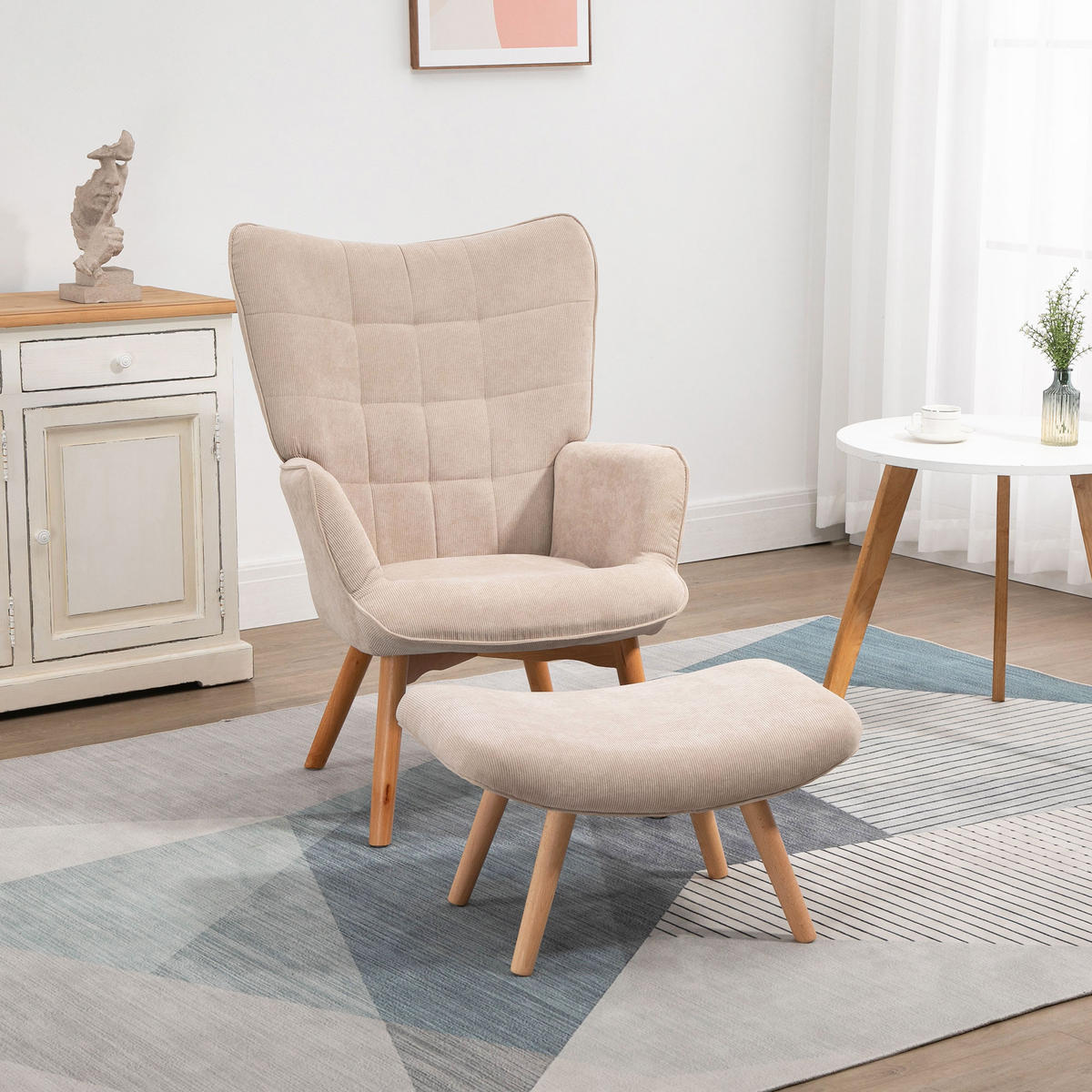 OHRENSESSEL mit Hocker, Relaxsessel, Polstersessel in Cord-Optik, mit Holzbeine - Beige, Holz (80/101/72cm) - HOMCOM