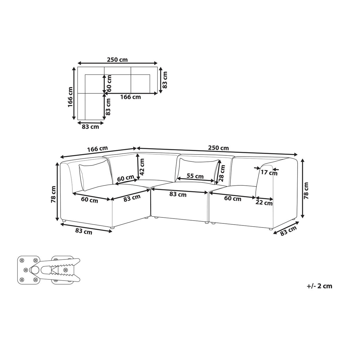 COLȚAR modul cu 4 locuri pe partea dreaptă bej reps reiat Lemvig - bej, material textil (250/166cm) - Beliani