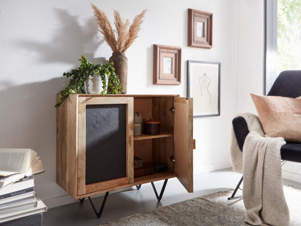 SIDEBOARD – Mangoholz, 80x75x35 cm, mit Stauraum, anthrazitfarbene Türen - Schwarz/Braun, Holz/Metall (80/75/35cm) - KADIMA DESIGN