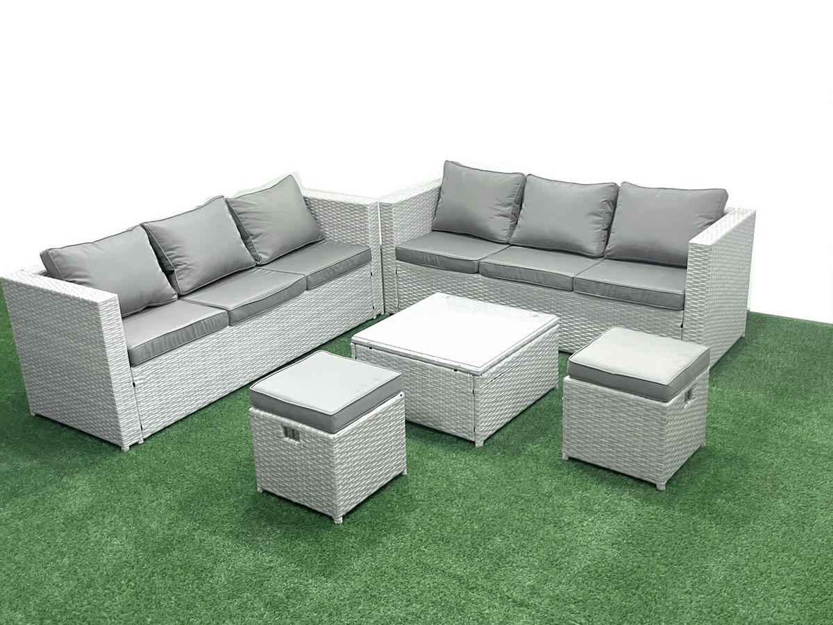 GARTENMÖBELSET mit 3-SITZER SOFA,COUCHTISCH Polyrattan Hellgrau-Mix 8-Sitzer - Hellgrau/Grau, Glas/Kunststoff - Fimous