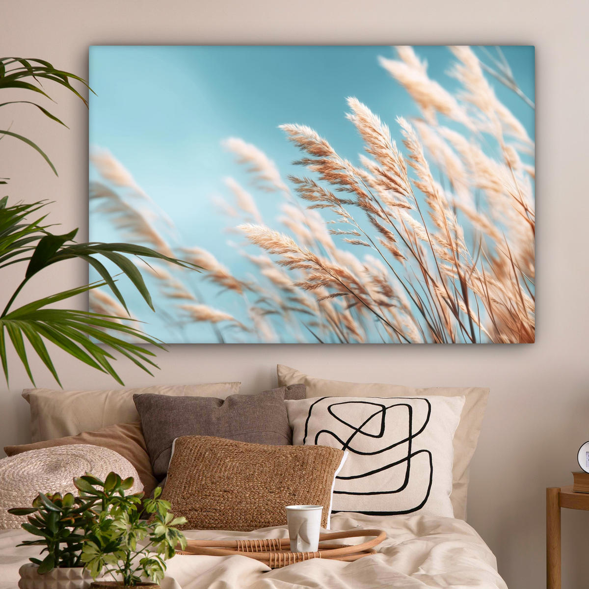 LEINWANDBILD Ziergras - Wind - Hellbraun XXL 150x100 cm - Hellblau, Textil (150/100cm) - MuchoWow