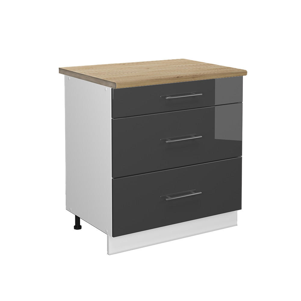 KÜCHENUNTERSCHRANK Fame-Line Anthrazit Hochglanz 80 cm mit 3 Schubladen AP Eiche - Anthrazit/Weiß, Holzwerkstoff (80/82/60cm) - Vicco