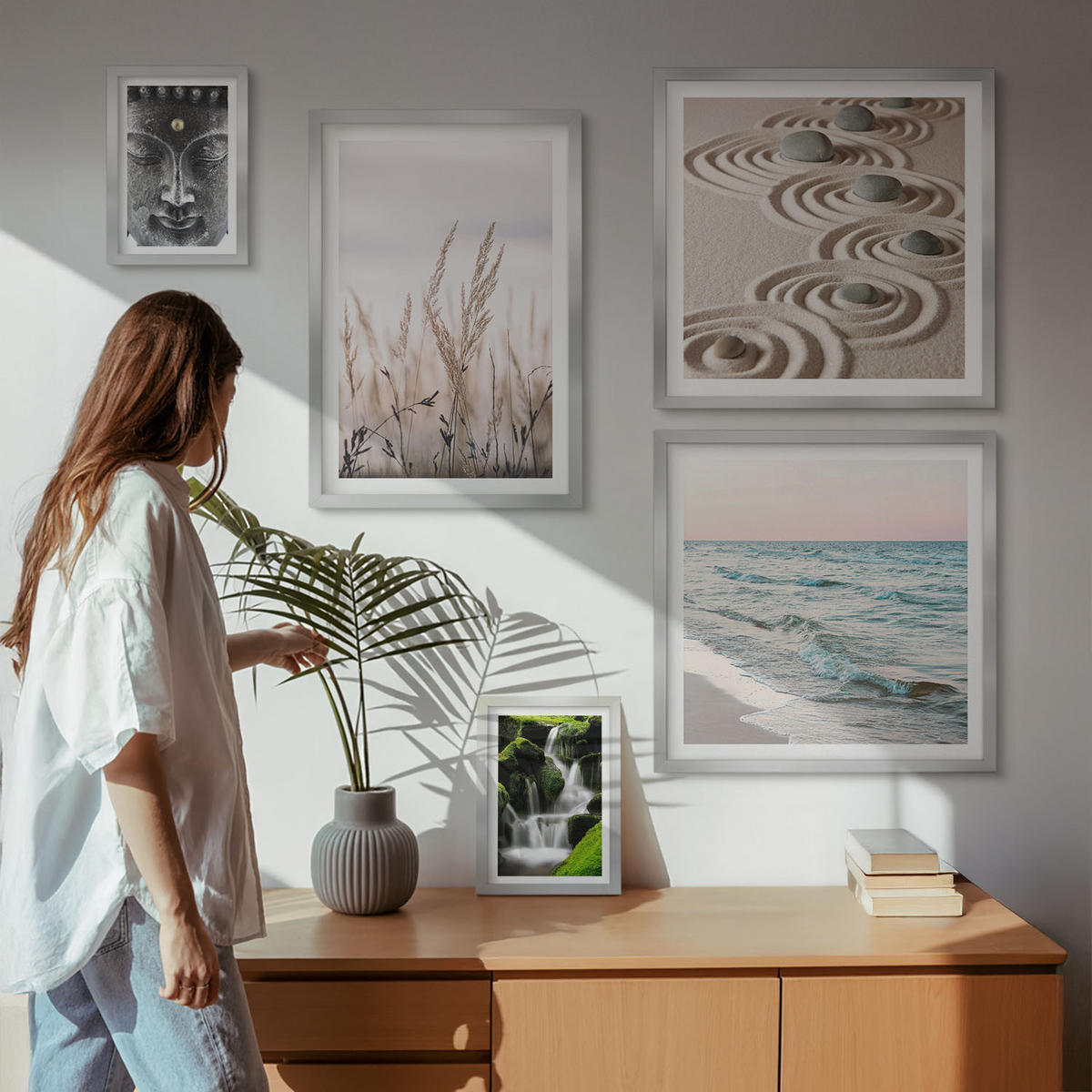 BILDER SET 5er Set - 50x50 cm & 20x30 cm & 40x60 cm Silberner Rahmen - Nachthimmel, Berge, Sterne - Silberfarben, Kunststoff (40/60cm) - TULUP