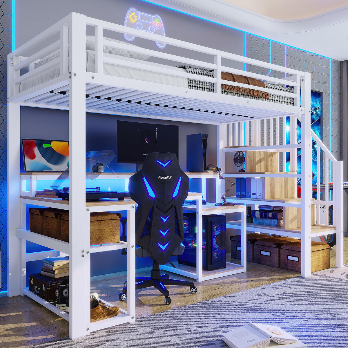 HOCHBETT 90x200cm Weiß Metall LED-Licht Schreibtisch USB - Weiß, Metall (90/200cm) - FLIEKS