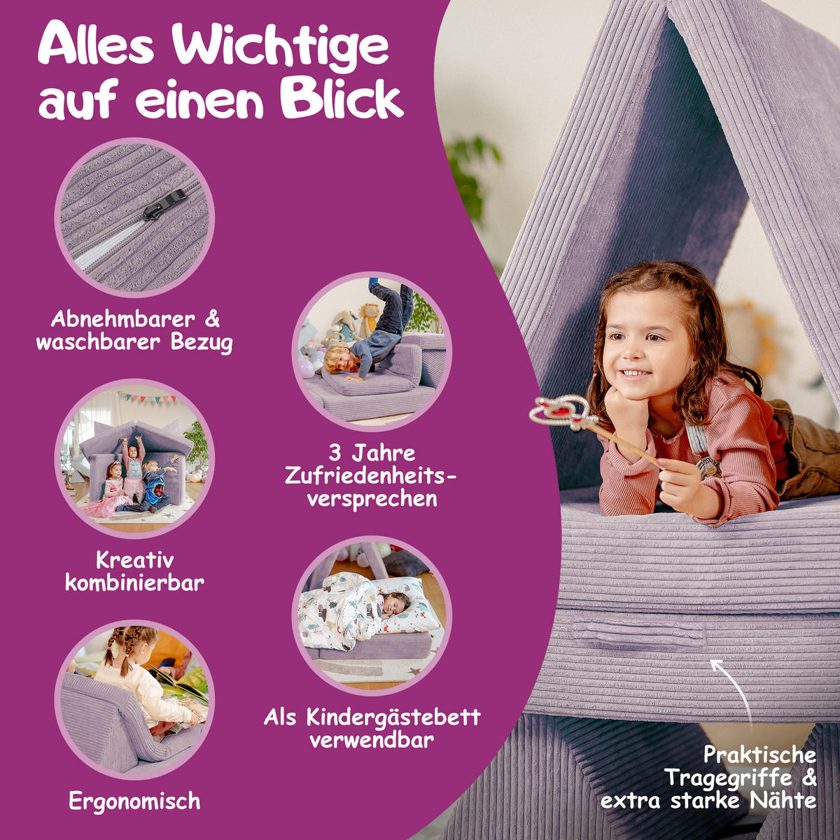 KINDERSOFA Spielparadies - Lila, Textil (66/52/150cm) - Linodino