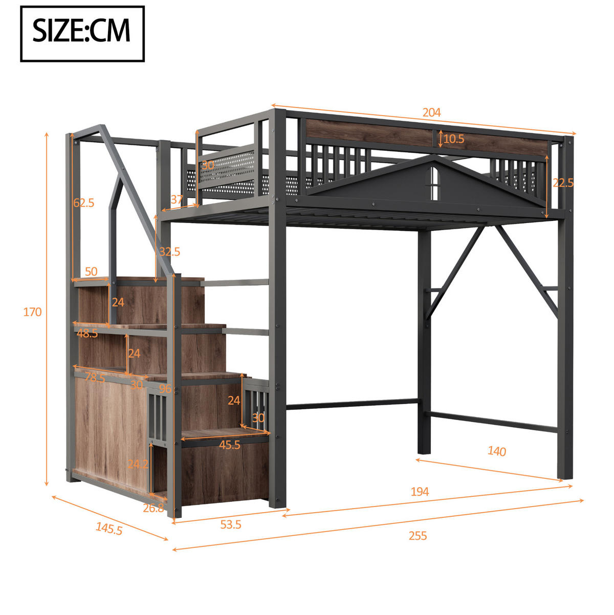 HOCHBETT aus Metall und Holz 140x200 cm Schwarz mit Stauraumtreppe, Schrank und Sicherheitszaun - Schwarz, Metall (140/200cm) - Modfu
