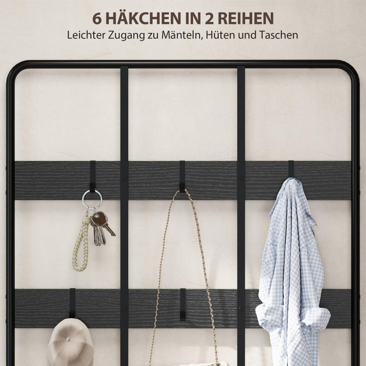 STANDGARDEROBE 91/36/180 cm mit 6 Haken, Sitzbank und Schuhablage in Schwarz - Schwarz, Metall (91/180/36cm) - BEAOK