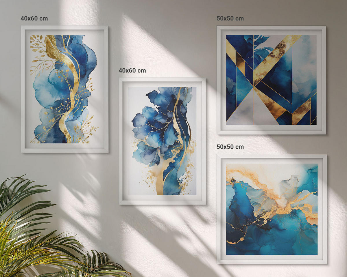 WANDBILDER 4er-Set - 50x50 cm & 40x60 cm Weißer Rahmen - Blaue abstrakte Muster - Weiß, Kunststoff (50/50cm) - ArtPrintCave