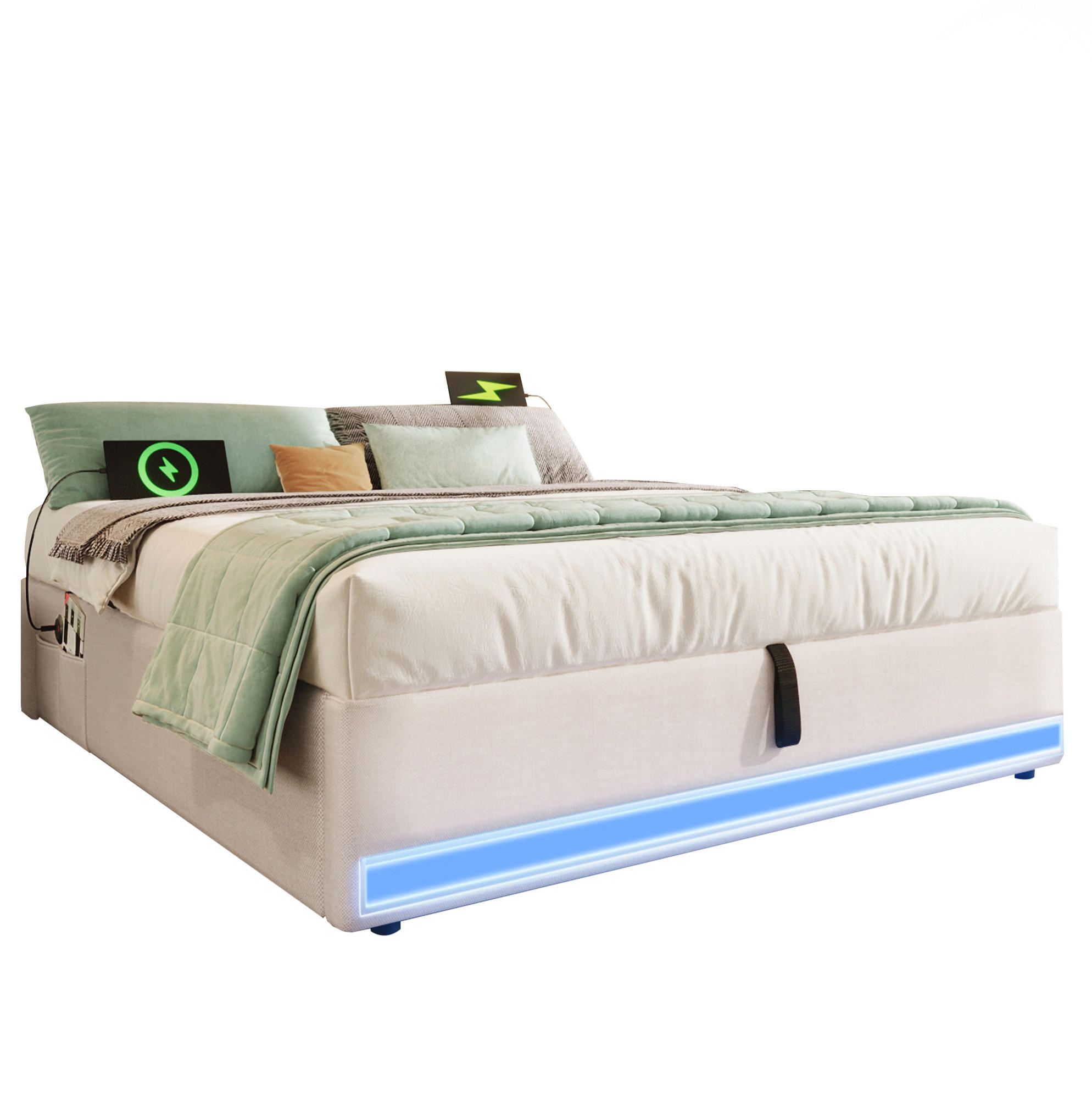 Modfu ČALOUNĚNÁ postel z lnu 140x200 cm béžová s LED osvětlením, USB, USB-C a hydraulickým úložným prostorem
