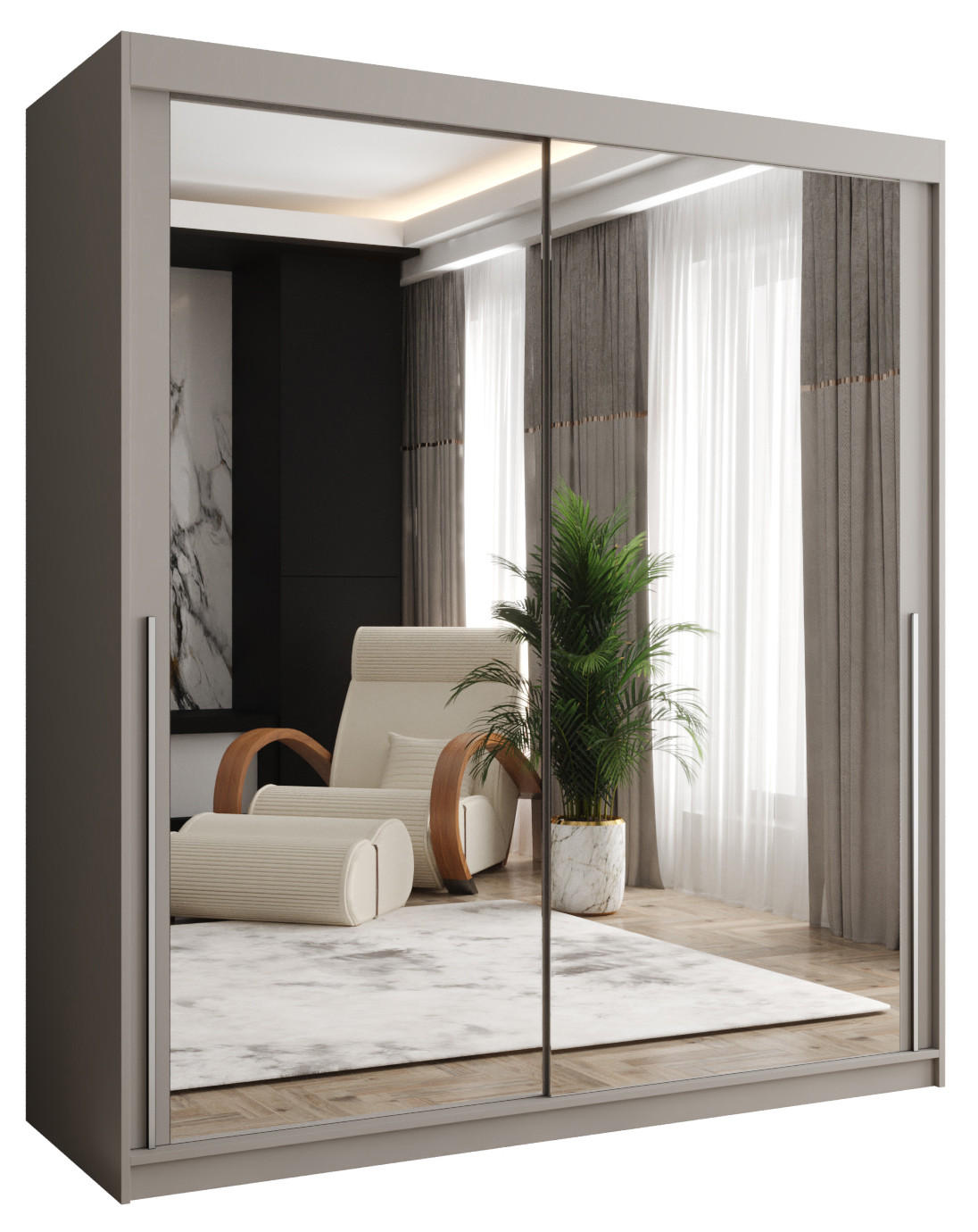 Home Collective ŠATNÍ SKŘÍŇ S POSUVNÝMI DVEŘMI se zrcadlem, šířka 180 cm, kašmírová se stříbrným madlem