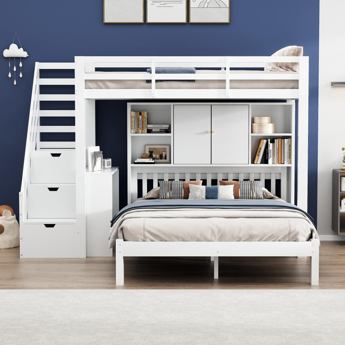 ETAGENBETT 90/200 cm + 140/200 cm in Weiß mit Stauraumtreppe und Regal - Weiß, Holz (90/200cm) - BEAOK
