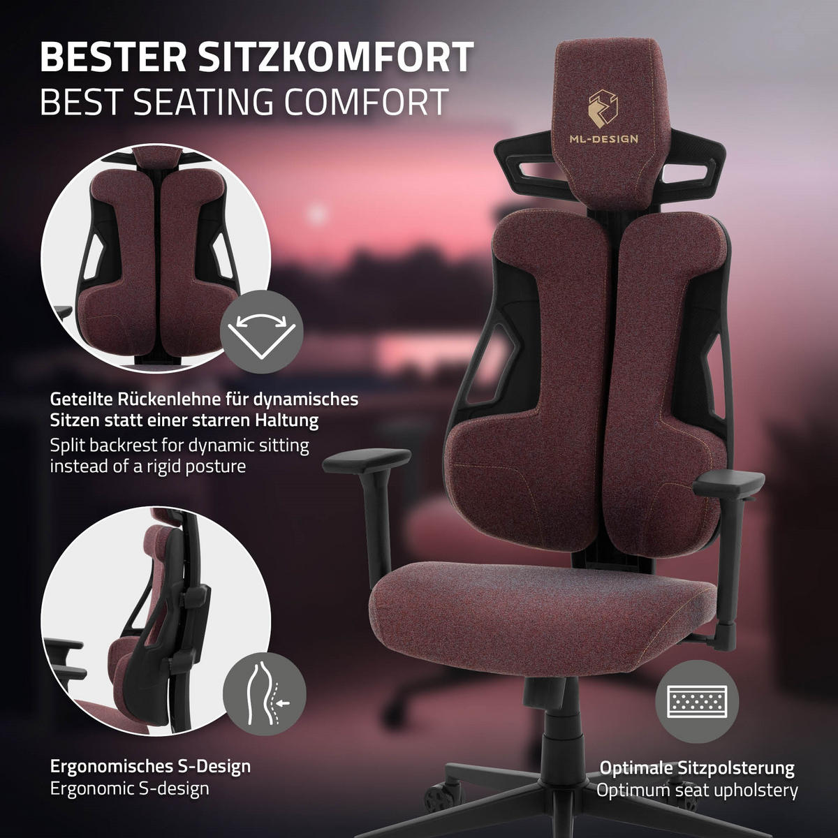 HERNÍ židle s látkovým potahem v červené barvě, individuálně nastavitelná - černá/červená, kov/textil (69/142/68cm) - ML-DESIGN