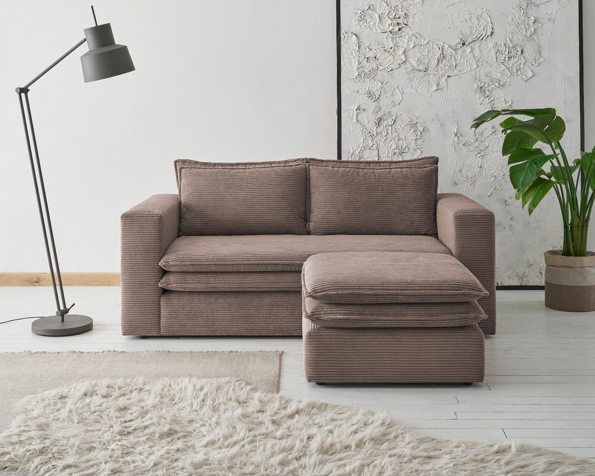 SOFA-SET braun Cord, Couch 2-Sitzer inklusive Hocker - Beige/Braun, Holz/Textil (180/83/161cm) - Furn.Design
