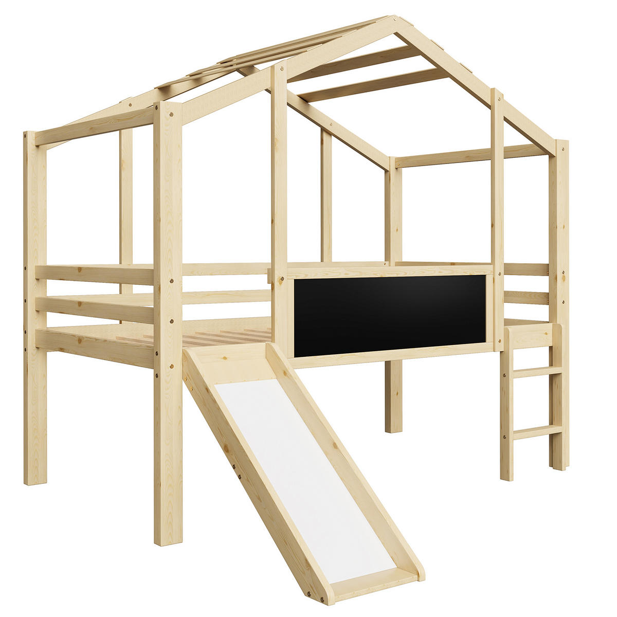 HOCHBETT 90/200 cm Dachboden-Design mit Rutsche und Tafel aus Massivholz - Naturfarben, Holz (90/200cm) - OKWISH