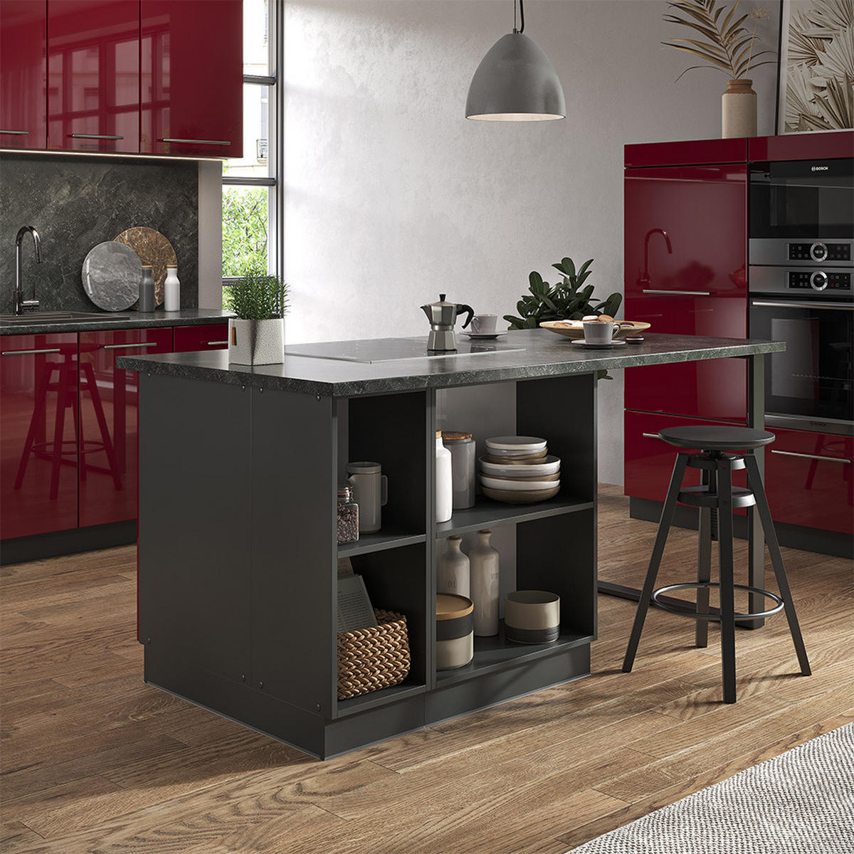 KÜCHENINSEL Fame-Line Bordeaux Hochglanz/Anthrazit 90 cm mit Schublade ohne AP - Bordeaux/Anthrazit, Holzwerkstoff (90/82/60cm) - Vicco