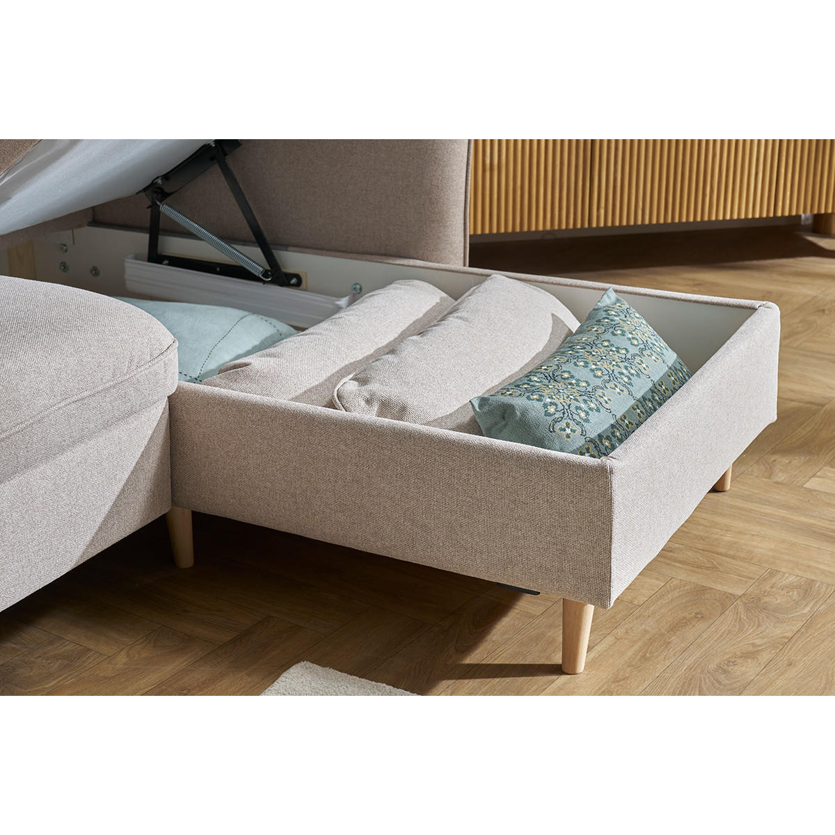 SCHLAF-ECKSOFA Stauraum 3/4-Sitzer Ozeanblauer Stoff Helles Holz DRISS - Beige, Textil (159.5/241cm) - Miliboo