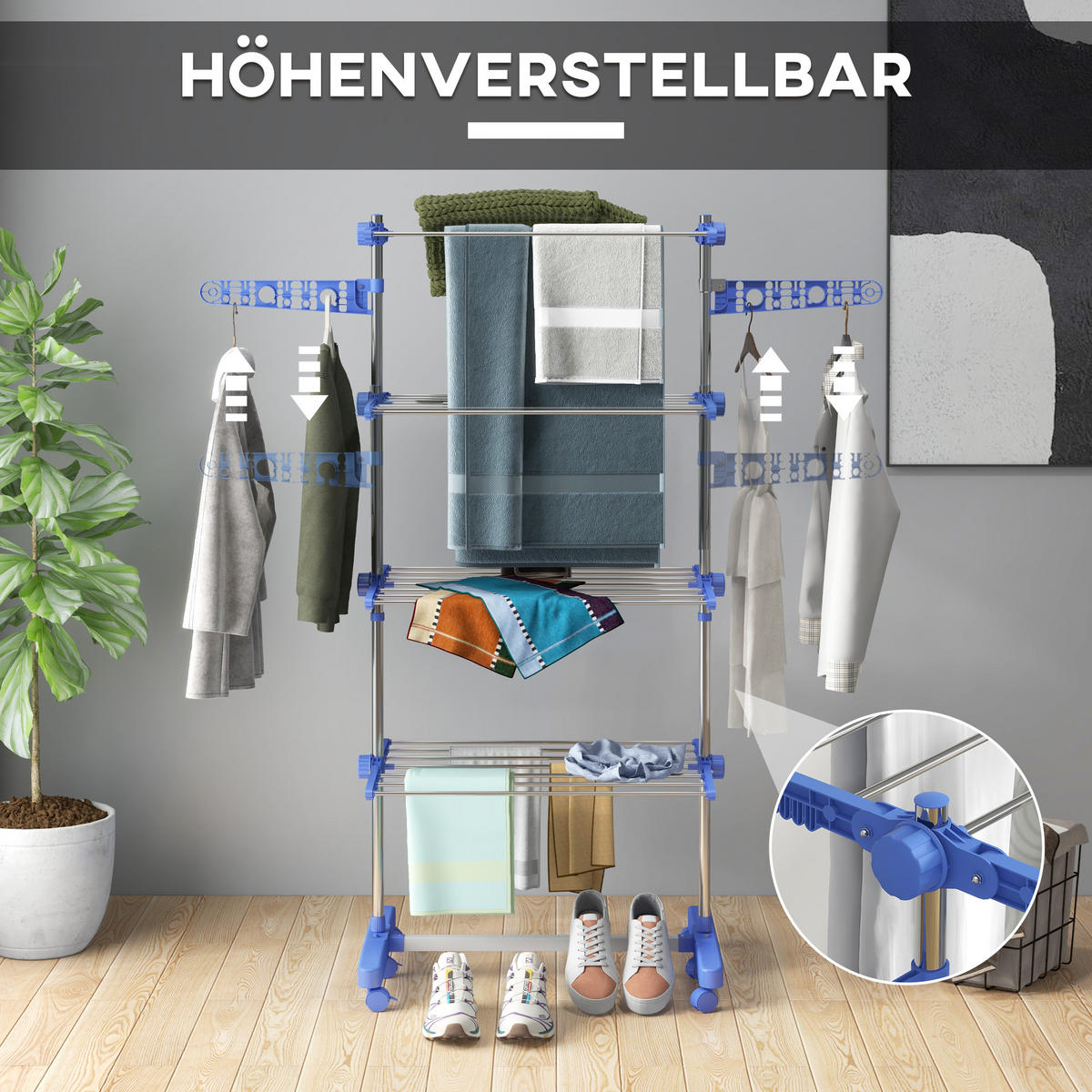 WÄSCHESTÄNDER DE-09794 5 Ebenen, klappbar mit 6 Rollen Blau+Silber - Blau, Metall (142/172/55cm) - ComfortXL