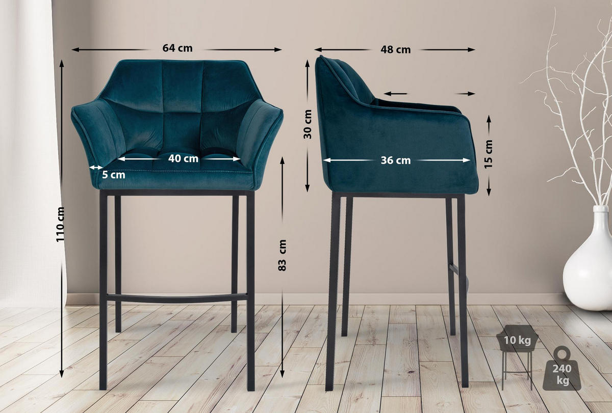 BARHOCKER Gibel Samt Grün Schwarz - Grün, Textil (64/110/48cm) - DELUKE