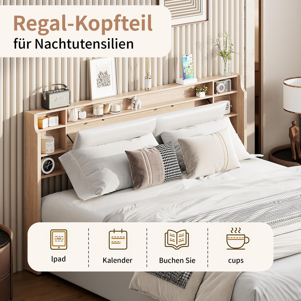 POLSTERBETT 140x200 cm, Weiß, LED-Beleuchtung - Weiß, Textil/Metall (140/200cm)