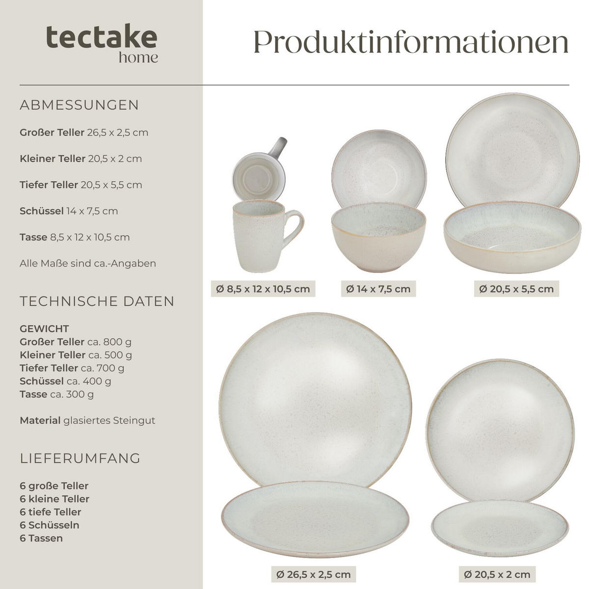 KOMBISERVICE Mare, ineinander stapelbar, Sand - Sandfarben, Keramik (26.5/2.5/26.5cm) - tectake