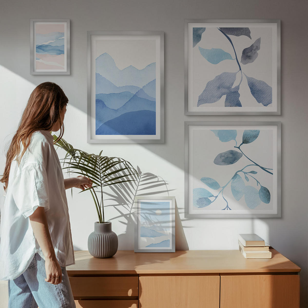 WANDBILDER 5er Set - 50x50 cm & 20x30 cm & 40x60 cm Silberner Rahmen - Berglandschaften, Aquarellpflanzen - Silberfarben, Kunststoff (40/60cm) - ArtPrintCave