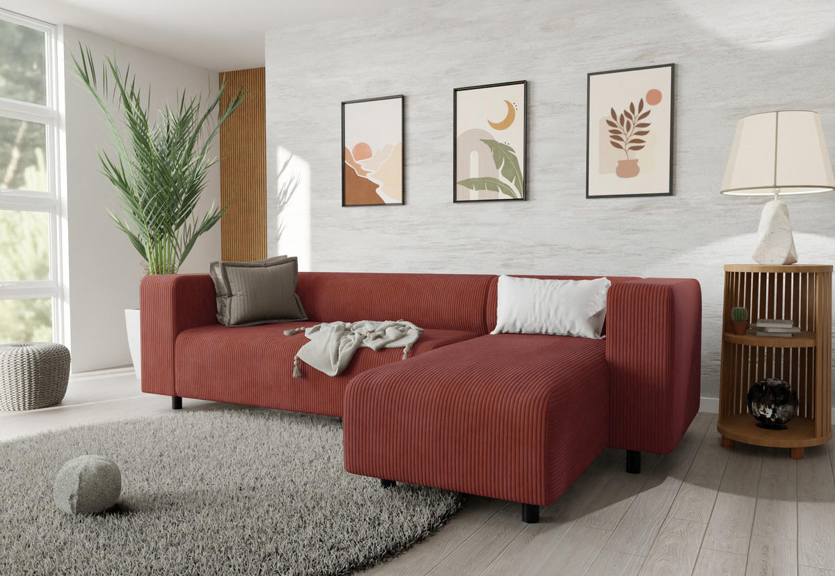 ECKSOFA Tove Terrakotta Cord - Ottomane rechts - Terracotta/Schwarz, Holz/Kunststoff (240/142cm) - S-Style Möbel