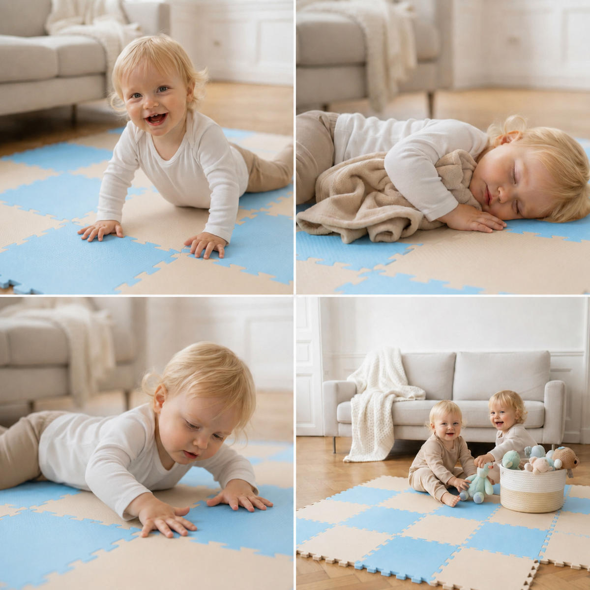 SPIELMATTE ab Null - 180/90/1 cm Puzzlematte Beige - Beige/Hellblau, Kunststoff (30/30cm) - Littletom
