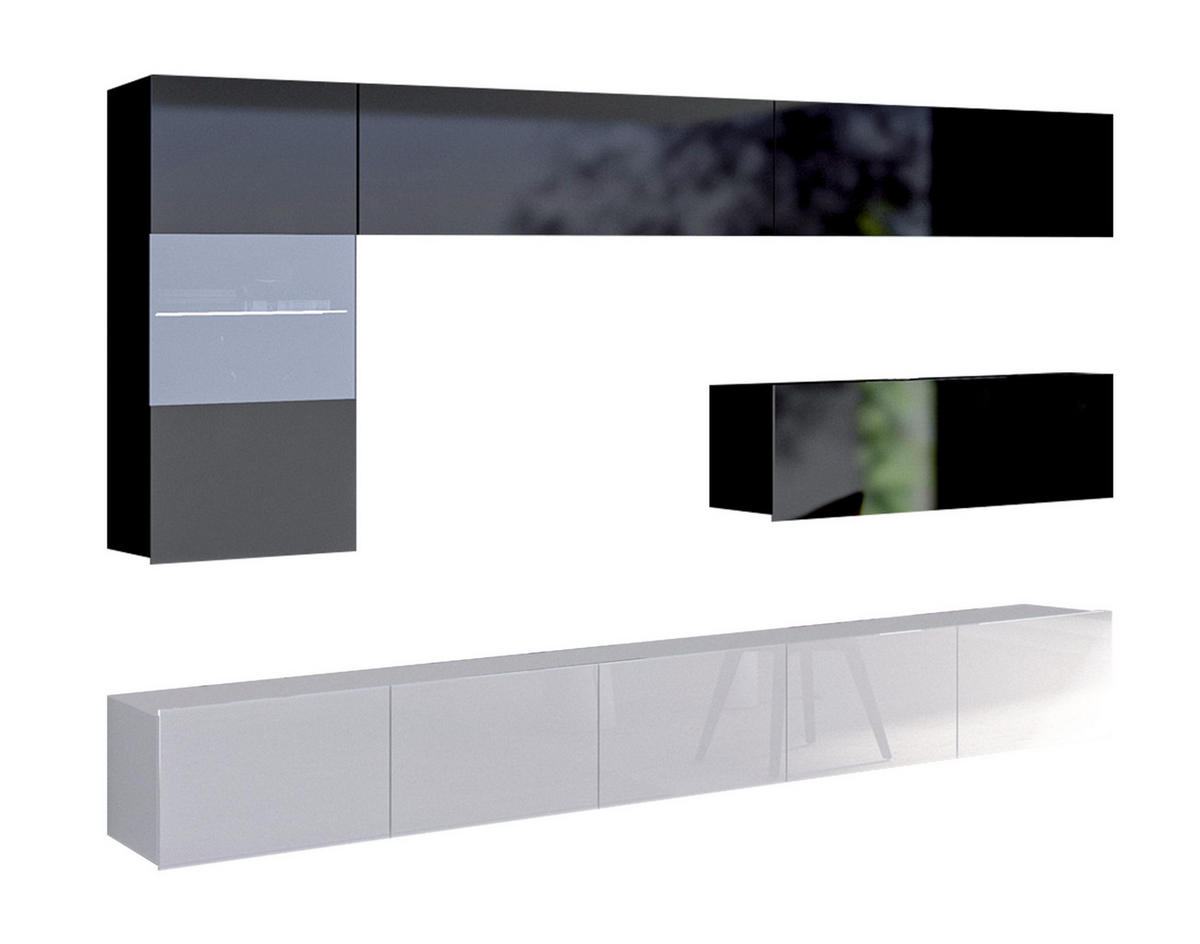 WOHNWAND Kossana 4 Modern Schwarz/Weiß 255/142/43 cm Modern Style - Schwarz/Weiß, Holzwerkstoff/Kunststoff (255/142/43cm) - AX Living