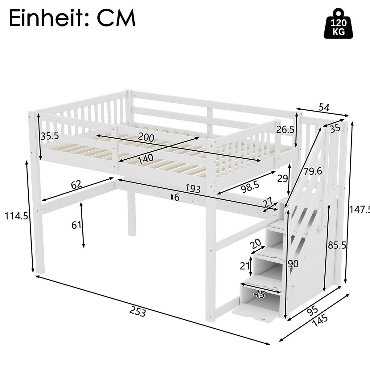 HOCHBETT 140/200 cm mit Stauraumschubladen, Schreibtisch und Regal aus Kiefer , Weiß - Weiß, Holzwerkstoff (140/200cm) - Redom