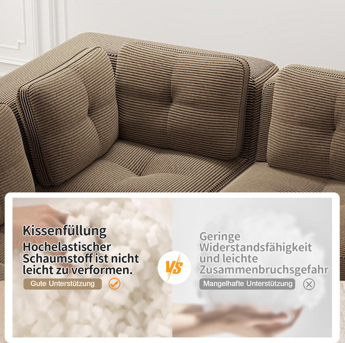 SOFA 208/104/69 cm in Braun aus Cord mit modularer Gestaltung - Braun, Textil (104/69/208cm) - Flora Grace