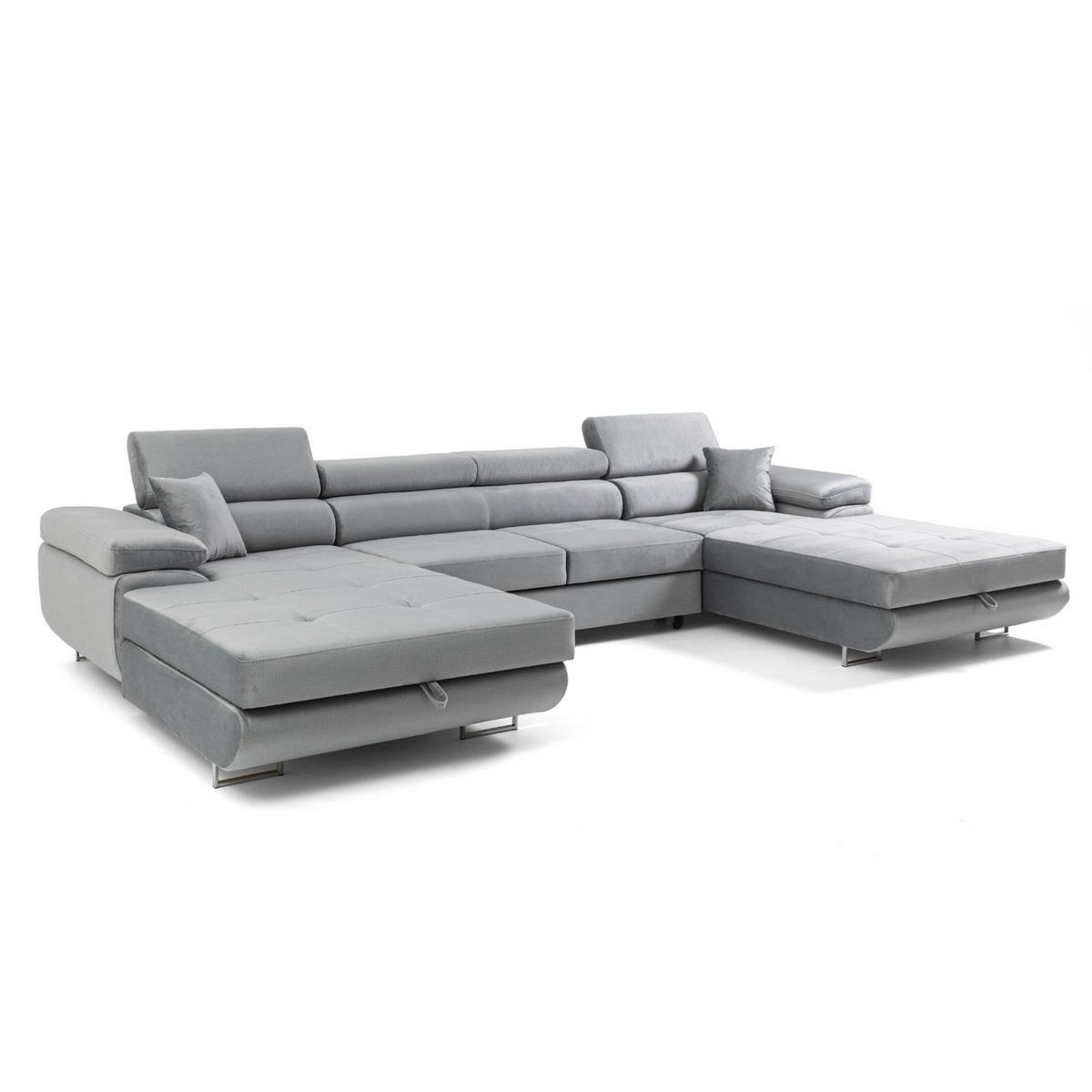 ECKSOFA U-Form ALONZO U mit Schlaffunktion 130x280 Velours Hellgrau - Silberfarben/Hellgrau, Holz/Textil (350/90/203cm) - Muffo