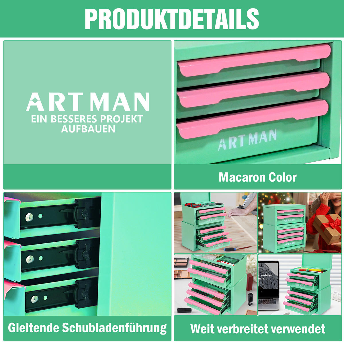 KOMBINATIONSETUI – Mintgrün und Pink, 2-stöckig und 3-stöckig - Multicolor, Metall (15.8/32/28.5cm) - DCA