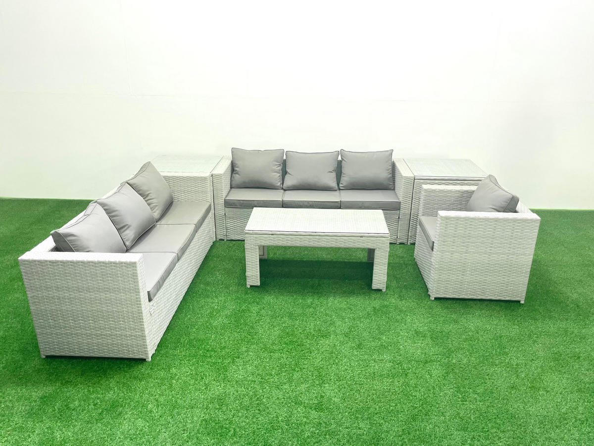 GARTENSOFA hohe Rückenlehne Polyrattan Hellgrau-Mix 7-Sitzer - Hellgrau/Grau, Glas/Kunststoff - Fimous