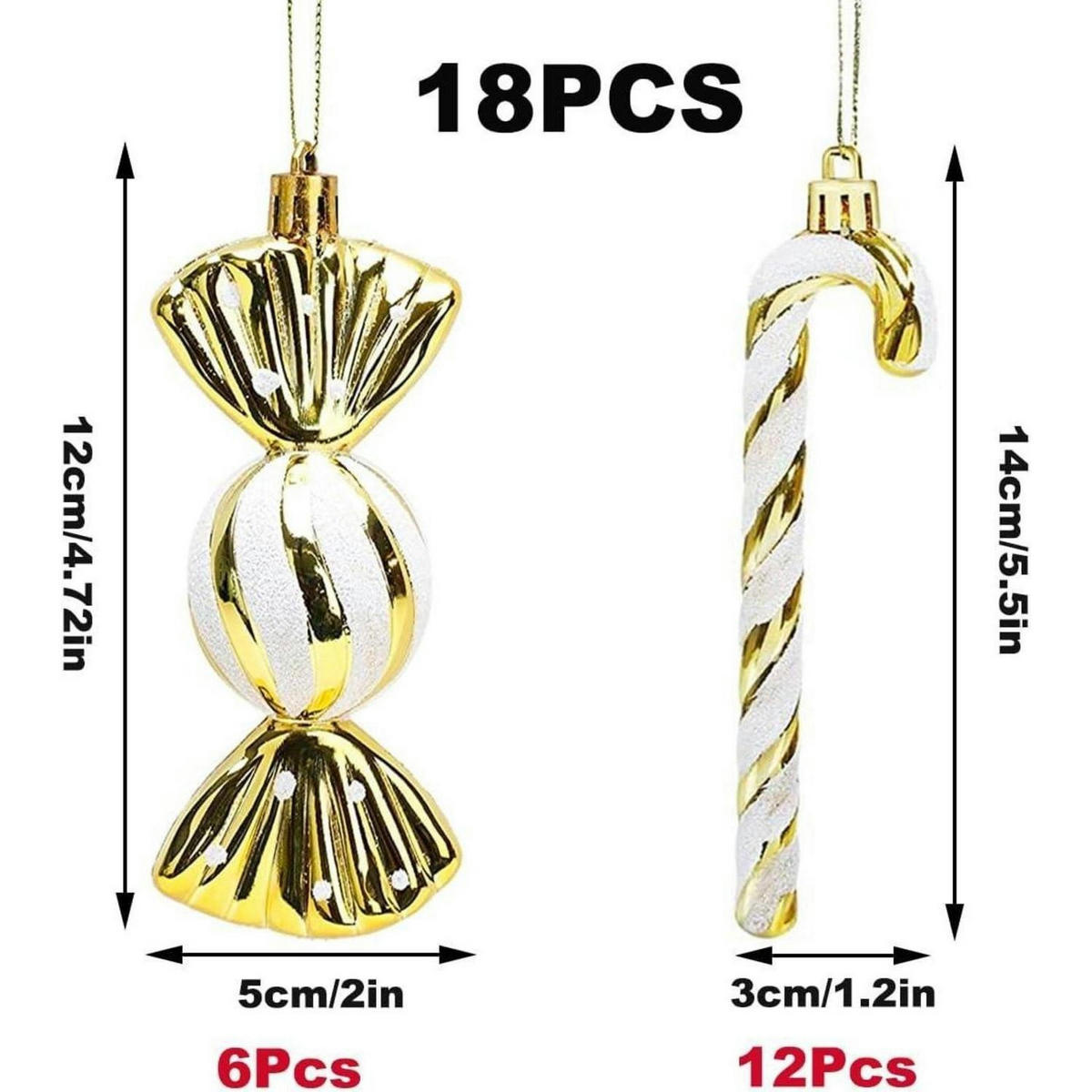 WEIHNACHTSANHÄNGER 18-teiliges Set Zuckerstangen & Kugeln Gold-Weiß - Goldfarben, Kunststoff (5/3/14cm)