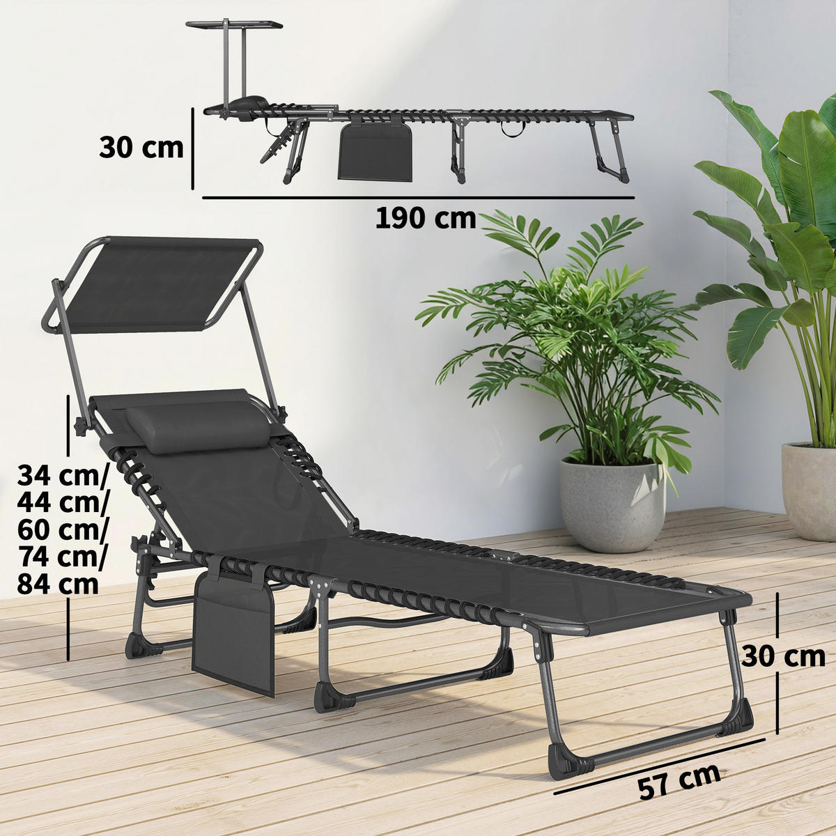 RELAXSESSEL-SET mit Kopfstütze und Sonnenschutz, Doppelsessel in Schwarz - Schwarz, Metall (57/30/190cm) - Vallsero