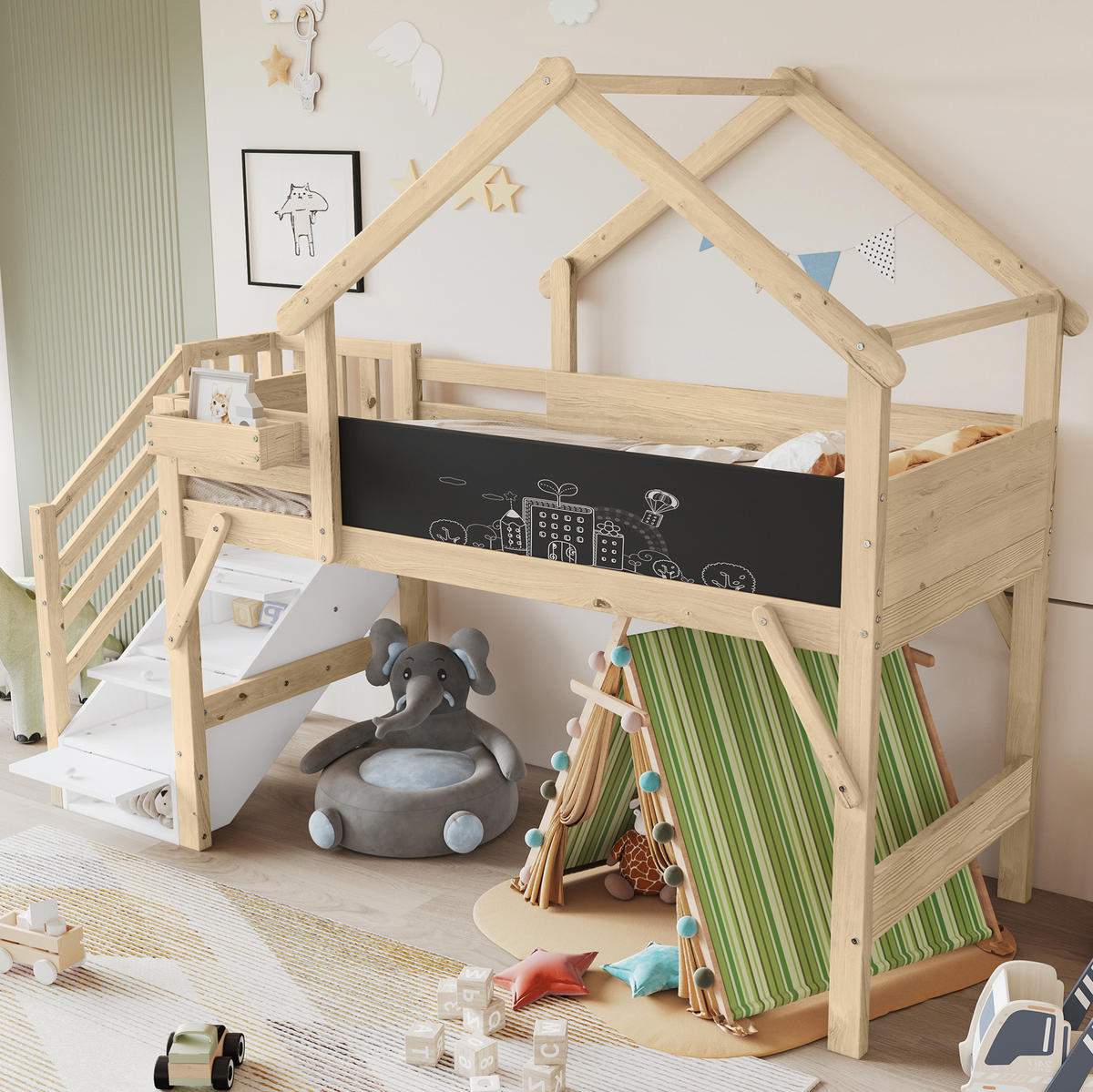 HAUSBETT 90/200 cm mit Stauraumtreppe und Tafel in Weiß/Natur - Weiß, Holzwerkstoff (90/200cm) - BEAOK
