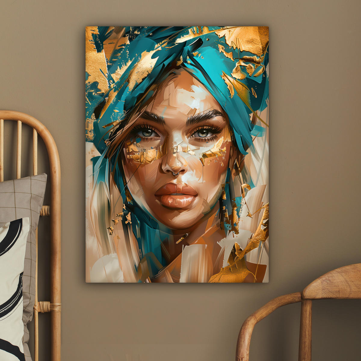 LEINWANDBILD - Frau - Porträt - Gold - Luxus - Blau - 60x80 - Gemälde - Türkis, Textil (60/80cm) - MuchoWow