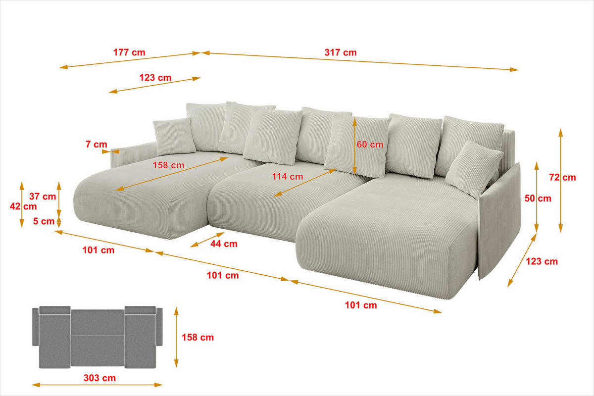 WOHNLANDSCHAFT mit Schlaffunktion und Bettkasten ONESK-U-v1 317x177x72 Hellgrau Cord - Ecru, Holzwerkstoff/Kunststoff (317/72/177cm) - ALTDECOR