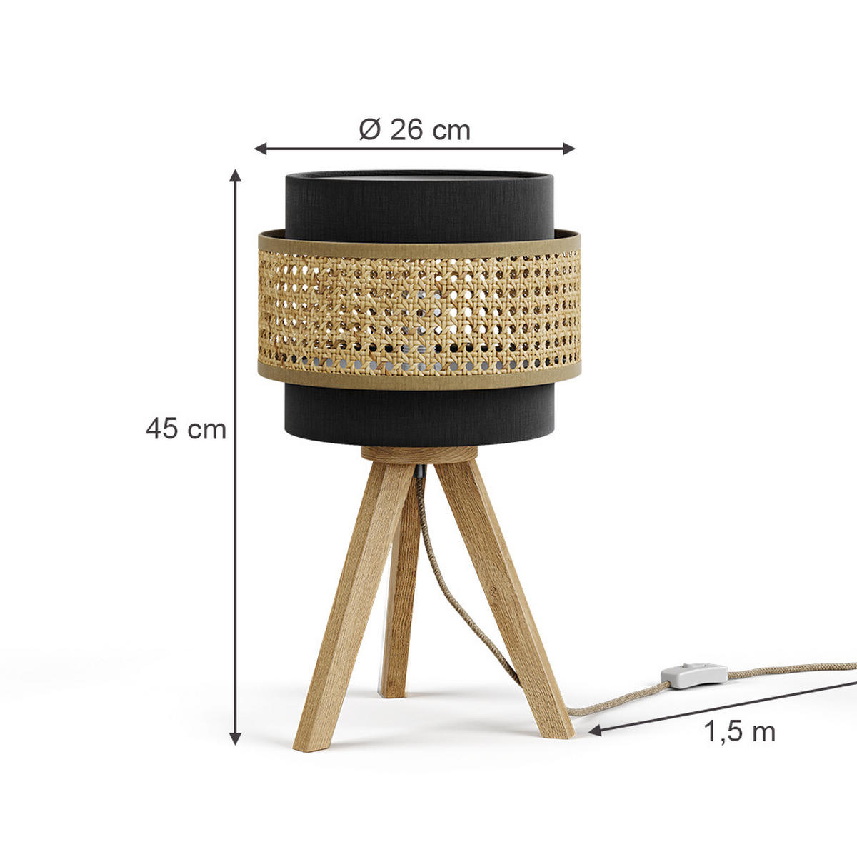 TISCHLAMPE Morten Rattan/Schwarz 26 x 45 cm mit Standfuß - Schwarz/Braun, Holz (26/26/45cm) - Vicco