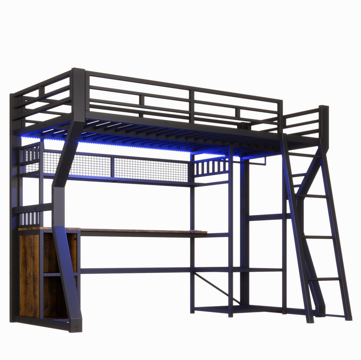 HOCHBETT 90/200 cm, Schwarz mit Schreibtisch, Lichtleiste, Steckdose, ohne Matratze - Schwarz, Metall (90/200cm) - MIVRAY