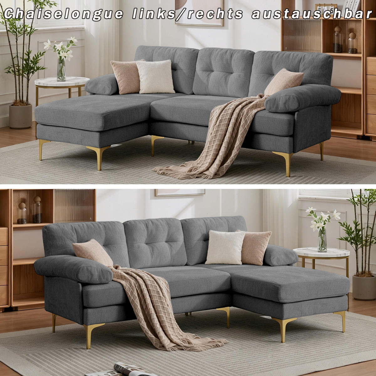 ECKSOFA 187.5/130/79 cm Grau mit 3 Sitzkissen und Stuhlbeine aus Metall - Grau, Textil (130/79/187.5cm) - Oxeza
