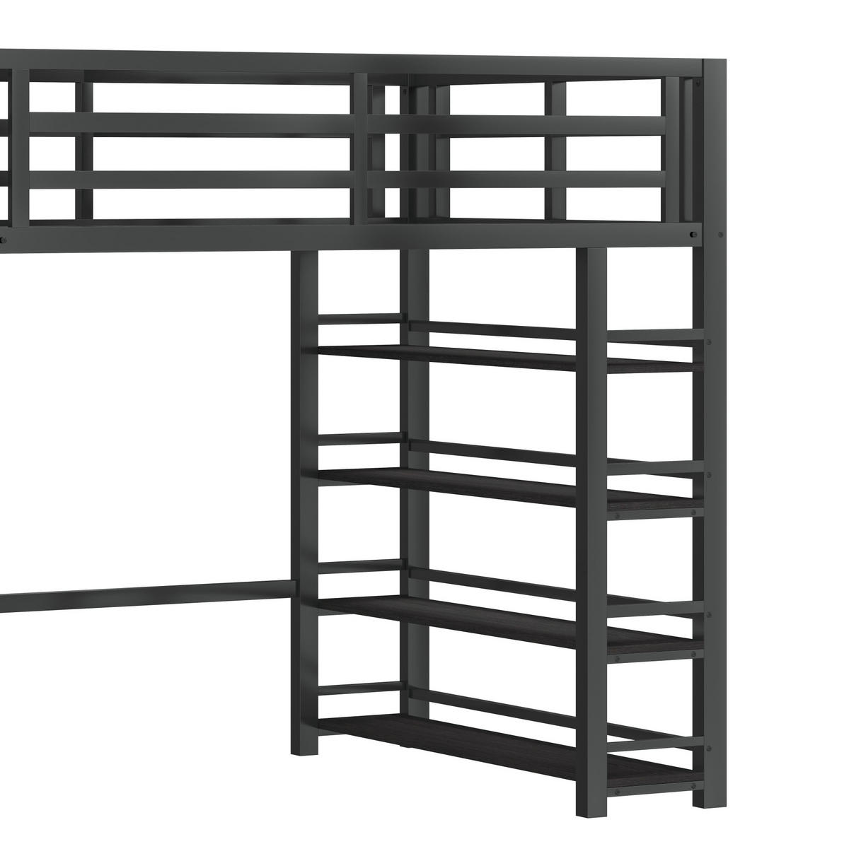 VYSOKÁ posteľ 140/200 cm čierna z kovu a MDF s LED osvetlením šatníkom policami a úložnými schodmi - čierna, kompozitné drevo (140/200cm) - OKWISH
