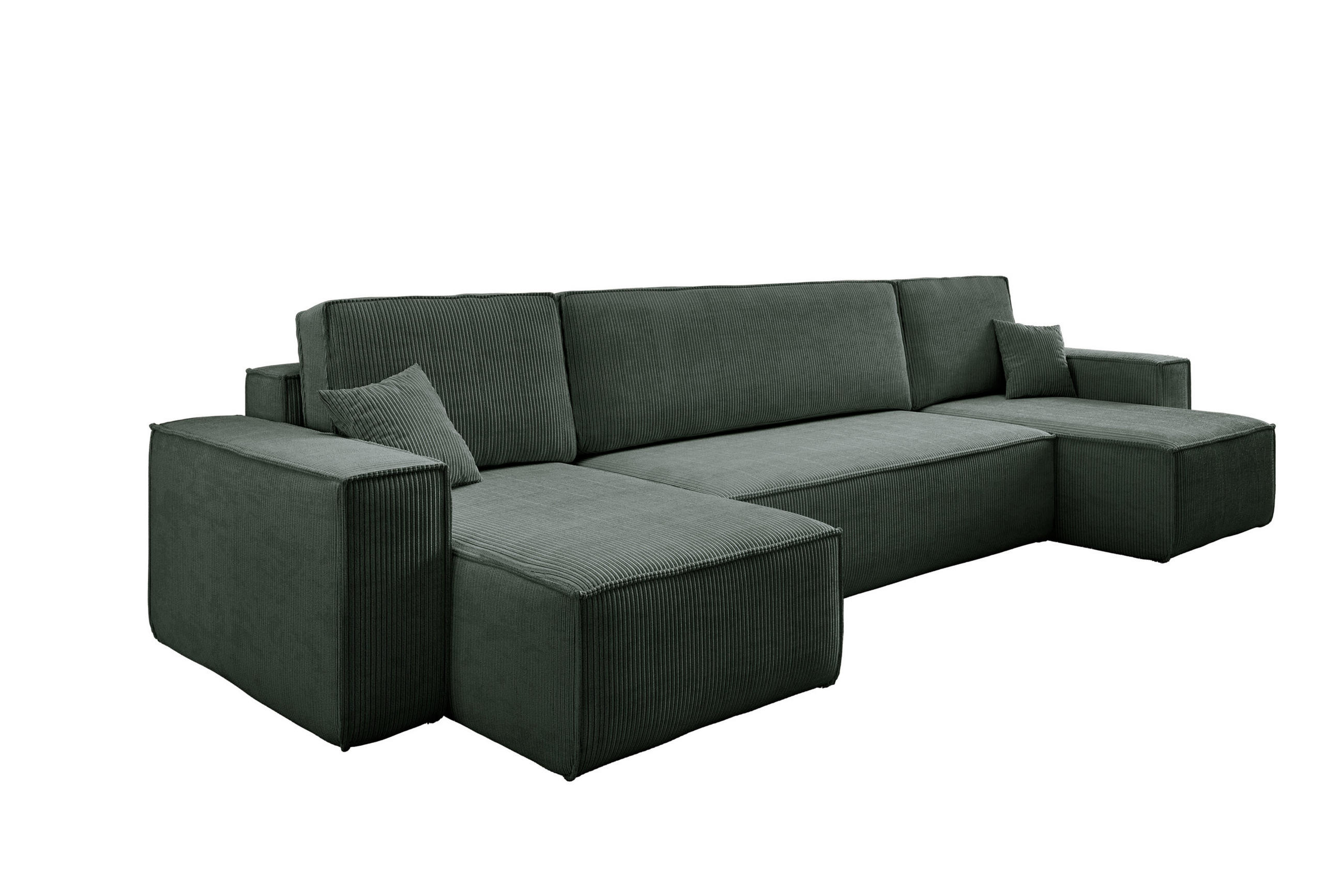 WOHNLANDSCHAFT Hugo U-Form Cordstoff mit Schlaffunktion und Bettkasten - Grün, Textil (312/83/142cm) - VENASI MÖBEL