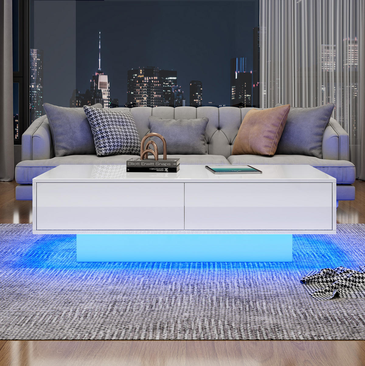 KONFERENČNÝ stolík 115/55/34 cm biely vysoký lesk s LED osvetlením a 2 zásuvkami - biela, kompozitné drevo (115/55/34cm) - Flora Grace