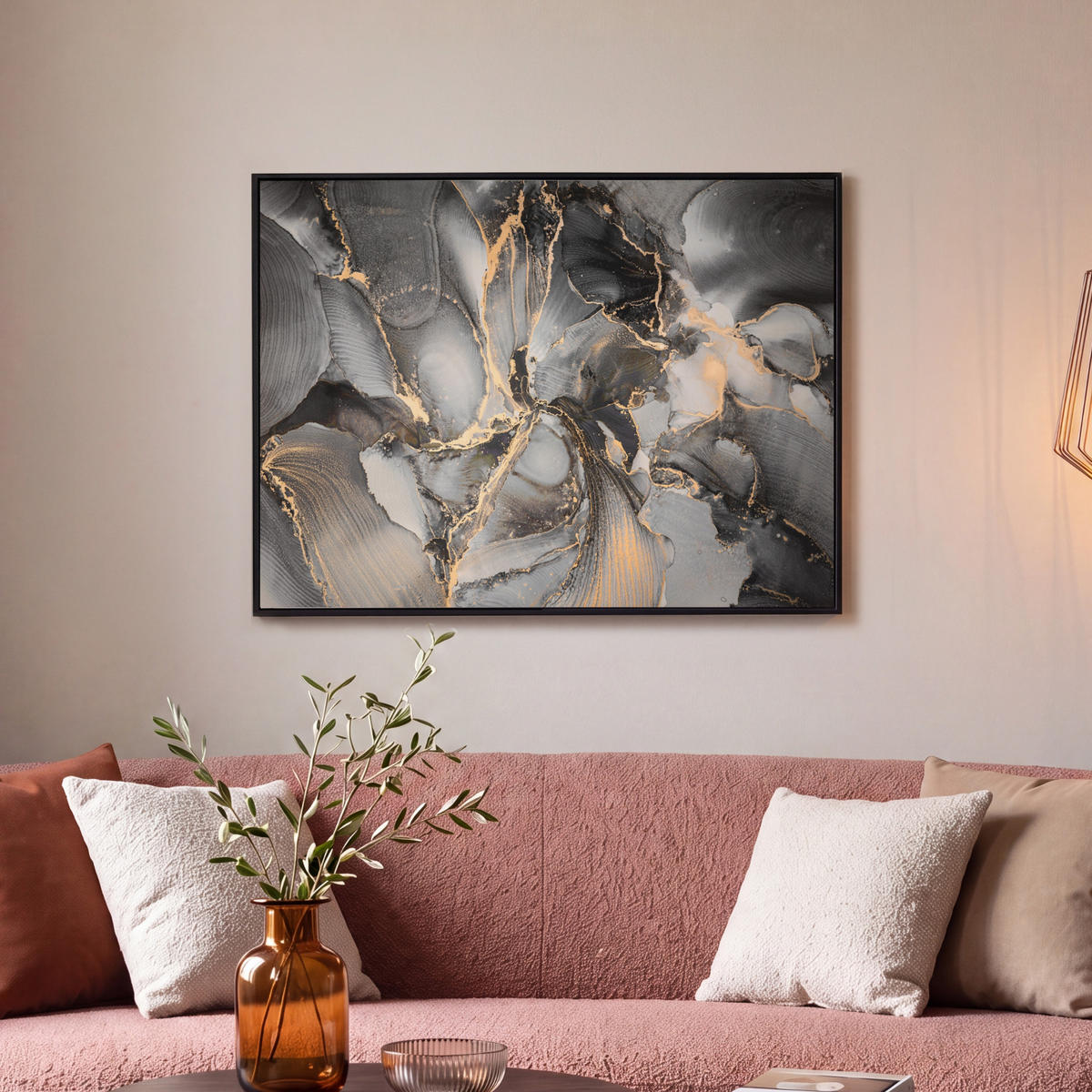 LEINWAND Bilder mit Rahmen - Grau - Luxus - Gold - Marmor - 70x50 - Dunkelgrau, Textil (70/50cm) - MuchoWow
