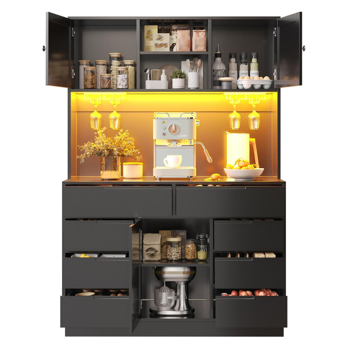 KÜCHENSCHRANK, SMART LED BELEUCHTUNG, 8 SCHUBLADEN, HÖHENVERSTELLBARE BÖDEN, Schwarz, 120/40/183,5 cm - Schwarz, Kunststoff (40/183.5/120cm) - Rolipo